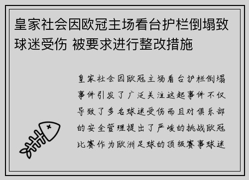 皇家社会因欧冠主场看台护栏倒塌致球迷受伤 被要求进行整改措施