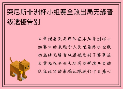 突尼斯非洲杯小组赛全败出局无缘晋级遗憾告别