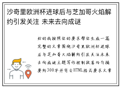 沙奇里欧洲杯进球后与芝加哥火焰解约引发关注 未来去向成谜